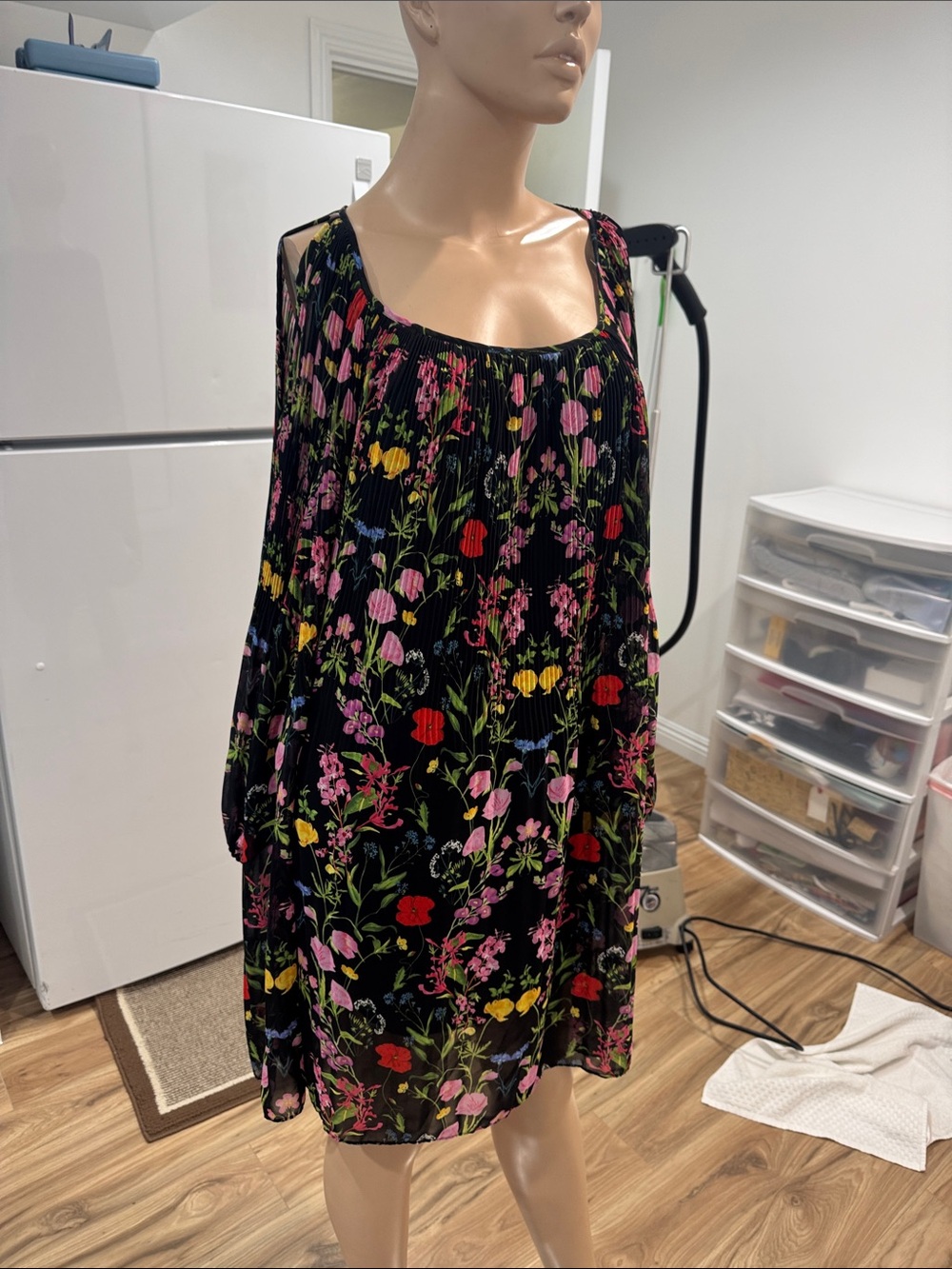 Floral Cold-Shoulder Swing Dress - Black with Multicolor Floral PrintP. Lined